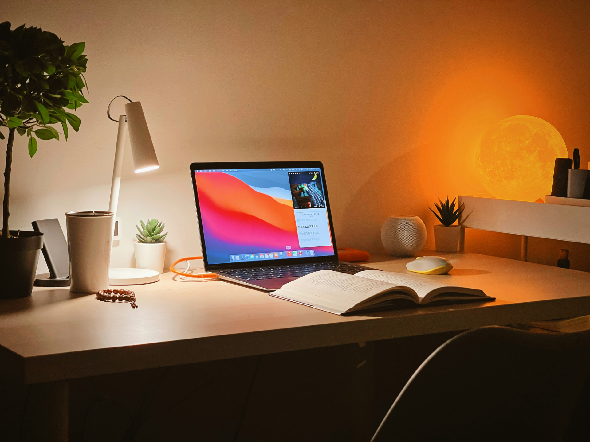 A home study desk with a laptop, open textbook and warm lamp light